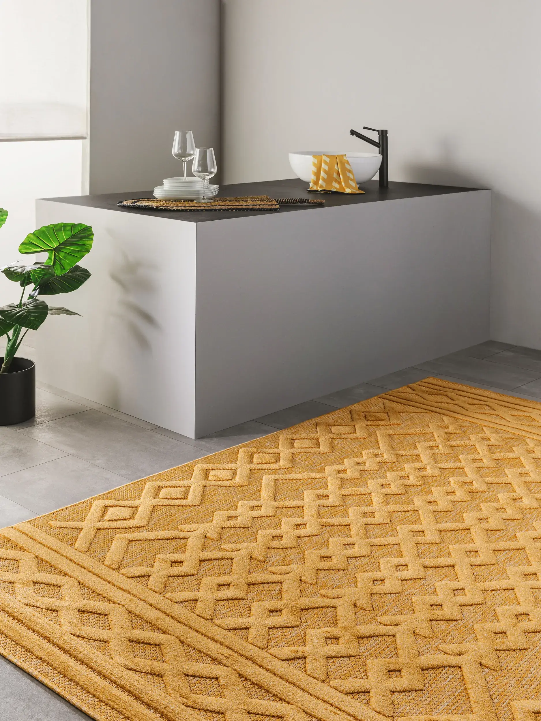 Tapis en 100% Polypropylène en Jaune avec une pile de 100% Polypropylène de hauteur de benuta nest
