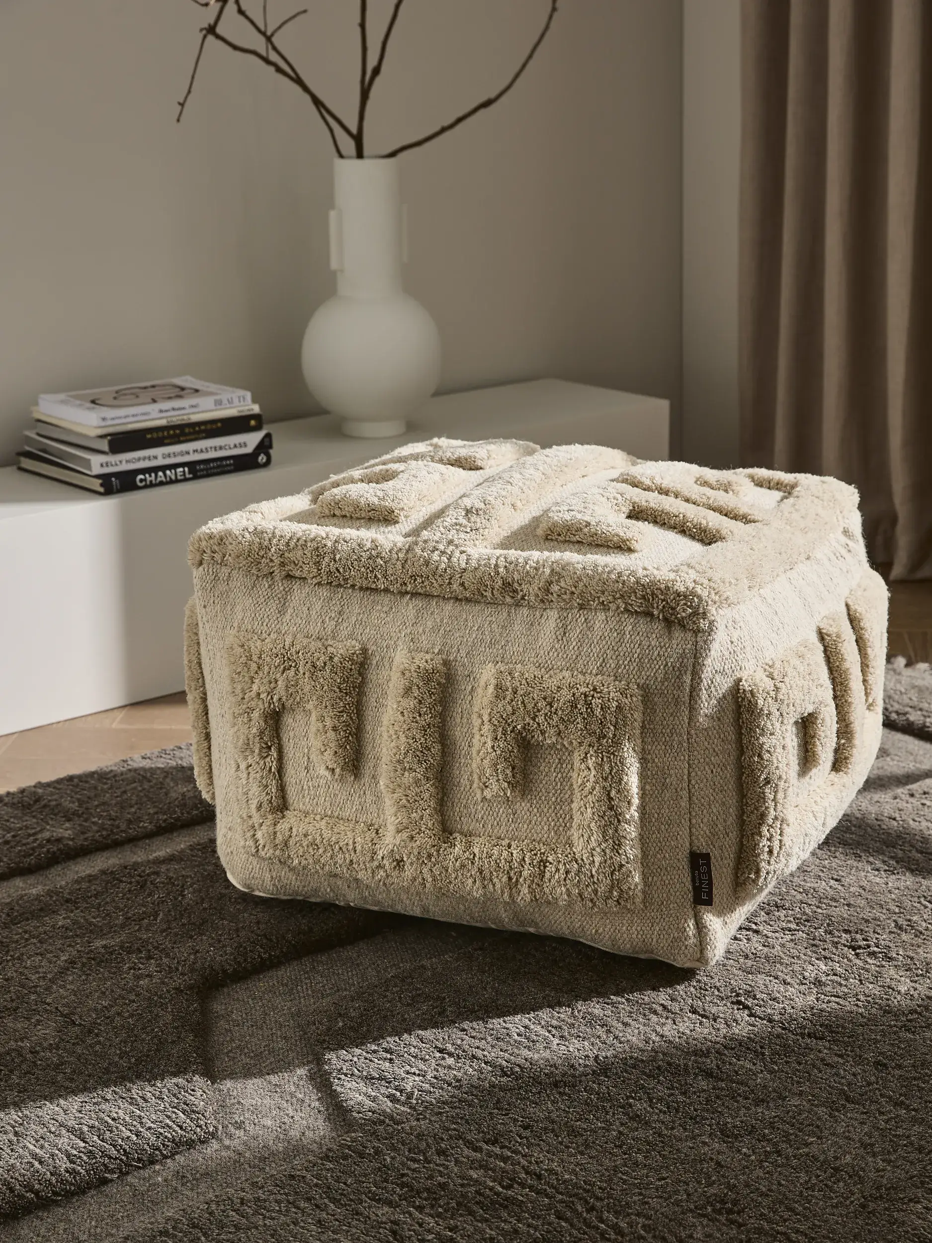 Handmade Wool Pouf Minos Cream in Textured design made of 100% Wool from (New Zealand) by benuta Finest