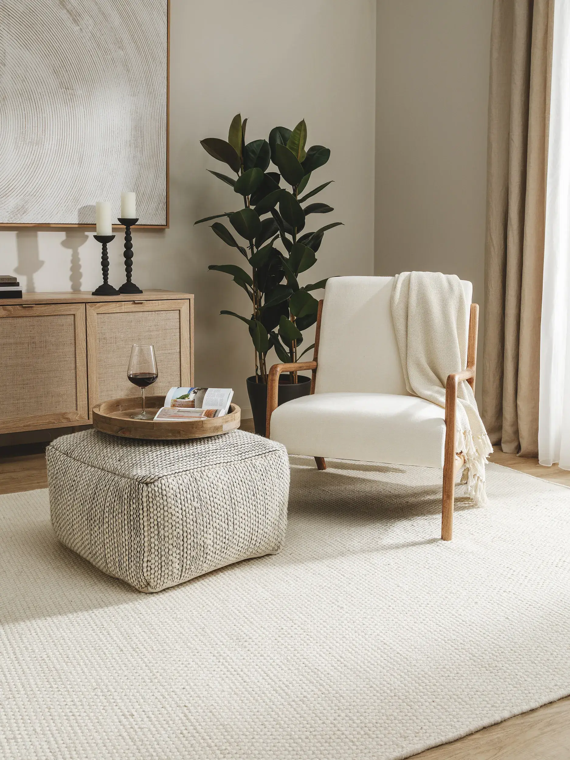 Pouf in lana fatto a mano Rocco Beige/Nero in Tintaunita-ontwerp van 80% lana, 20% cotone door benuta pure