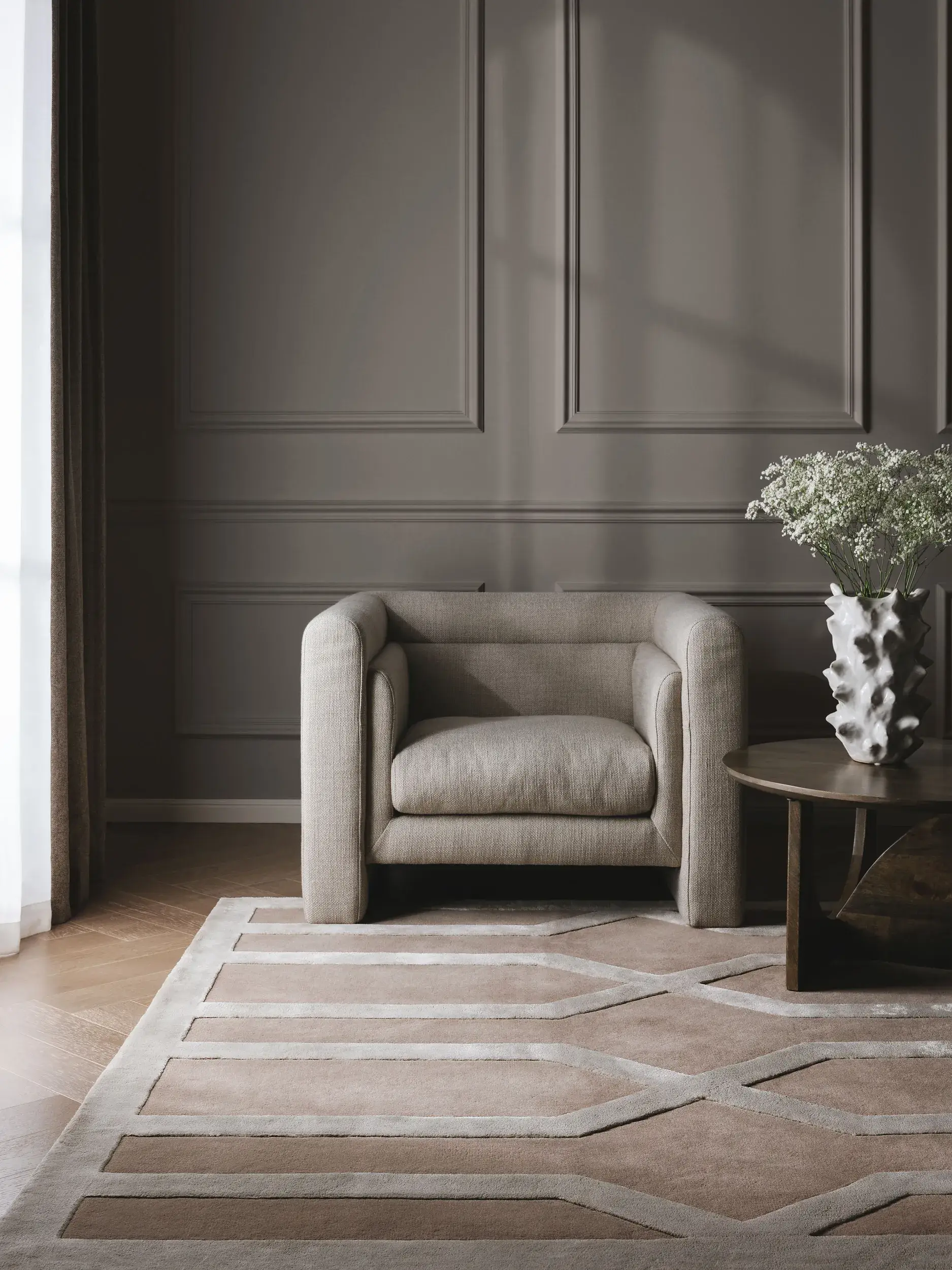 Rug made of 60% Wolle, 40% Lyocell (Tencel™) in Beige with a 60% Wolle, 40% Lyocell (Tencel™) high pile by benuta Finest