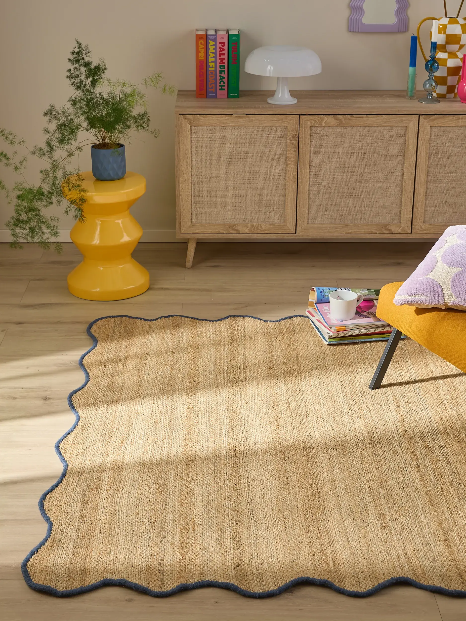 Alfombra de 91% Yute, 4% Algodón, 3% Lana, 2% Poliéster en Azul con un pelo de {{Placeholder_Pile Height}} de altura de benuta POP