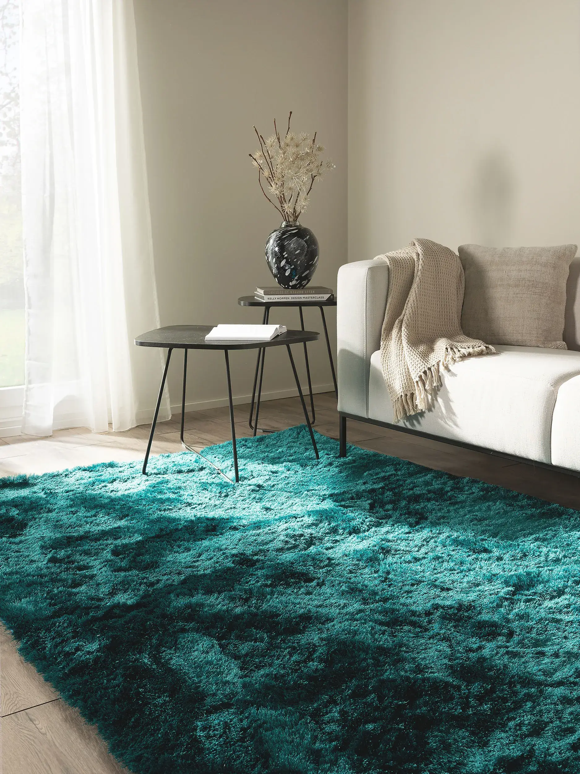 Teppich aus 100% Polyester in Türkis mit 100% Polyester hohem Flor von benuta Nest