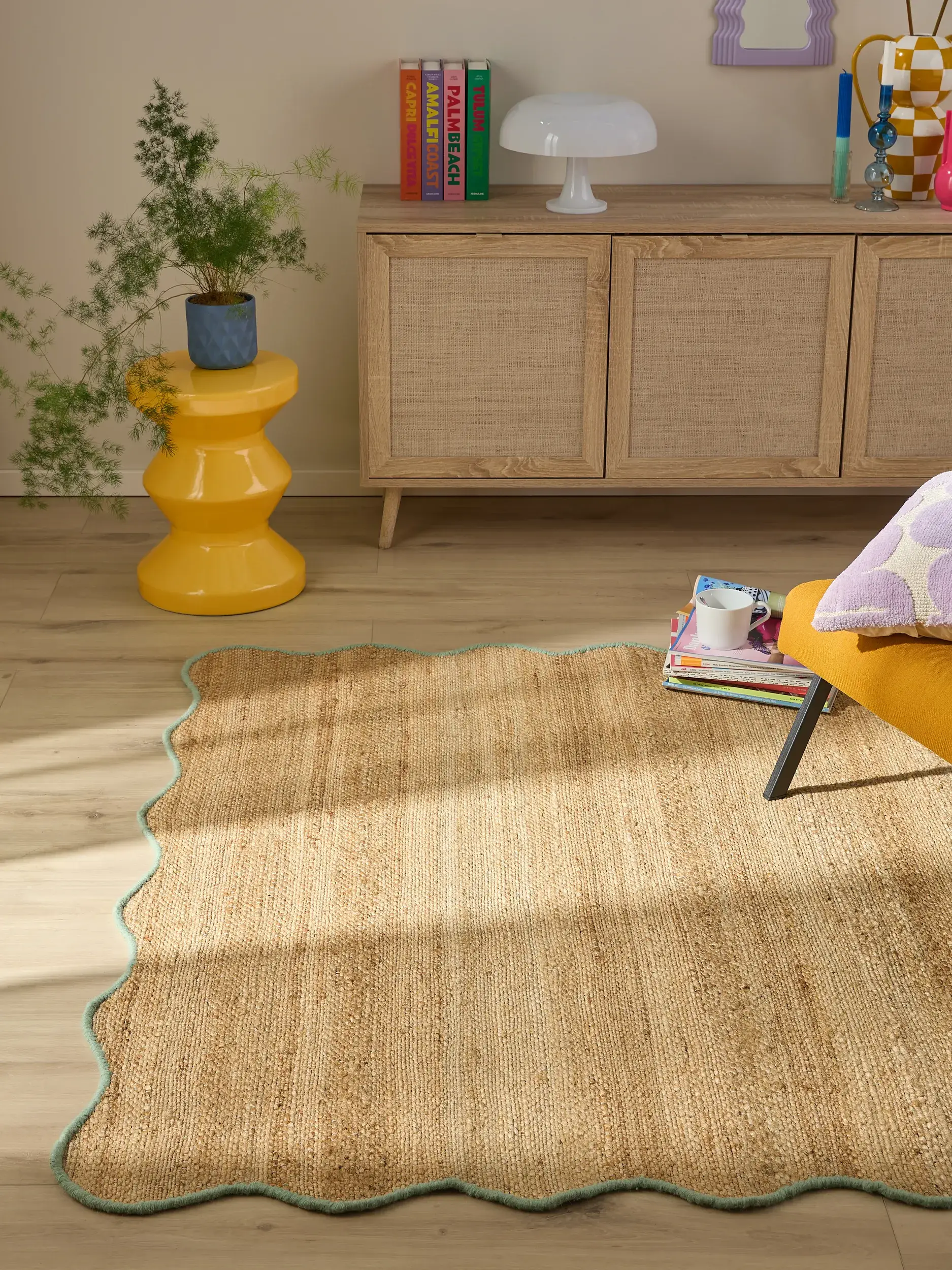Rug made of 91% Jute, 4% Cotton, 3% Wool, 2% Polyester in Turquoise with a 91% Jute, 4% Cotton, 3% Wool, 2% Polyester high pile by benuta Pop