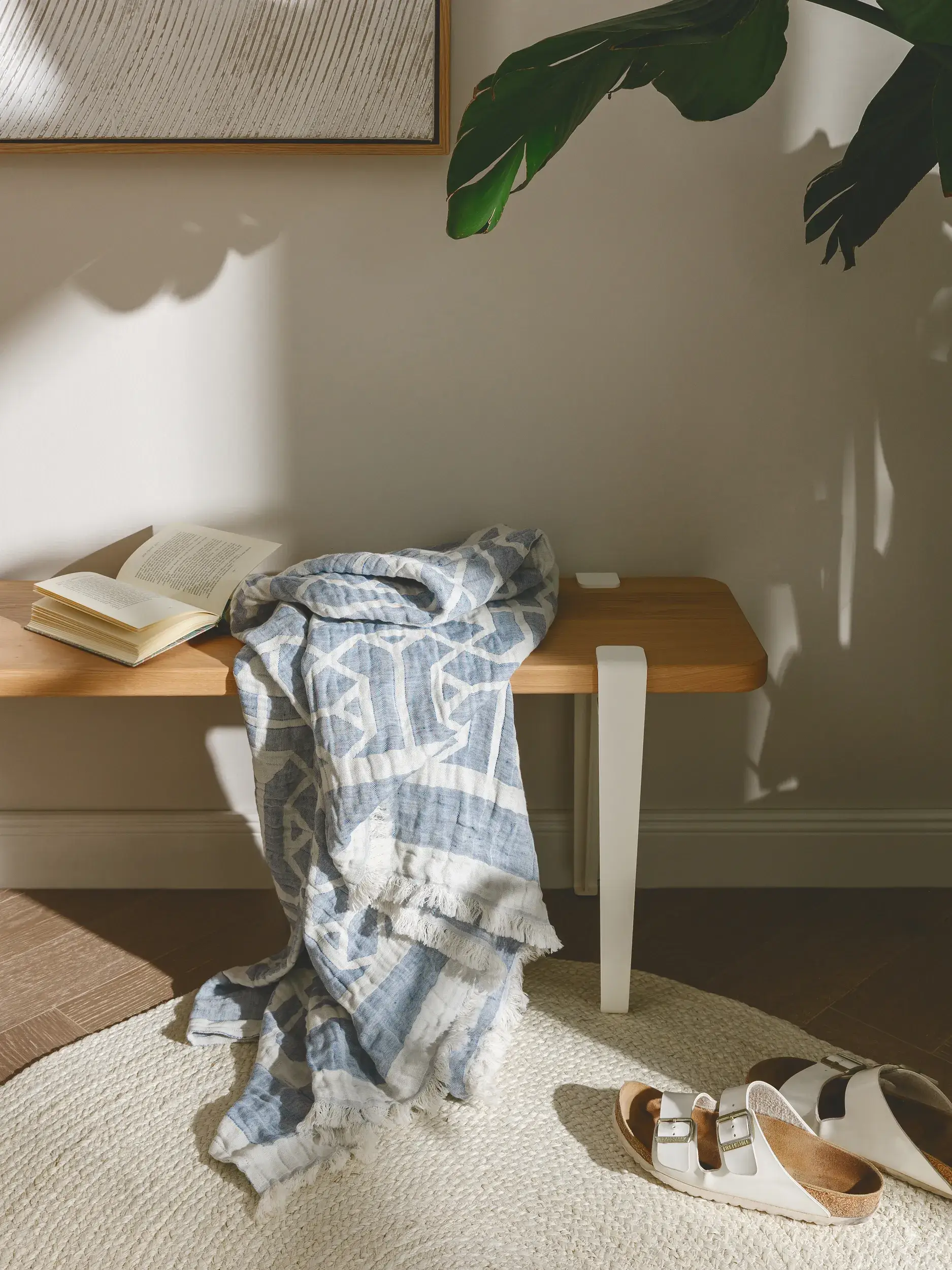 Plaid in misto lino Sabine Azzuro in Geometrico-ontwerp van 60% Cotone, 40% Lino door benuta pure