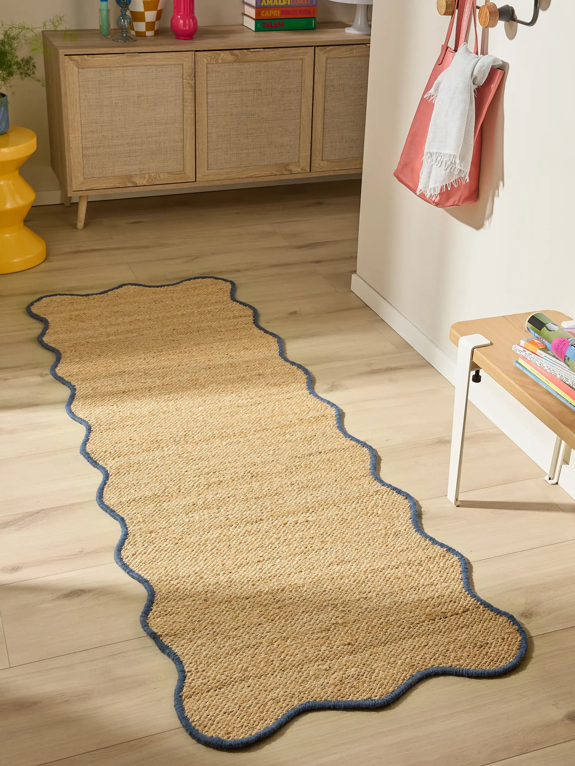 Rug made of 91% Jute, 4% Cotton, 3% Wool, 2% Polyester in Blue with a 91% Jute, 4% Cotton, 3% Wool, 2% Polyester high pile by benuta Pop