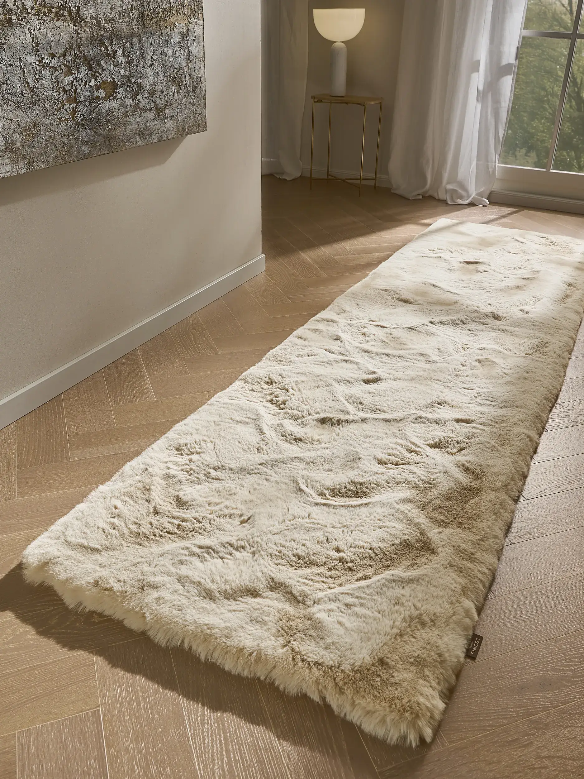 Rug made of 100% Polyester in Beige with a 100% Polyester high pile by benuta Finest