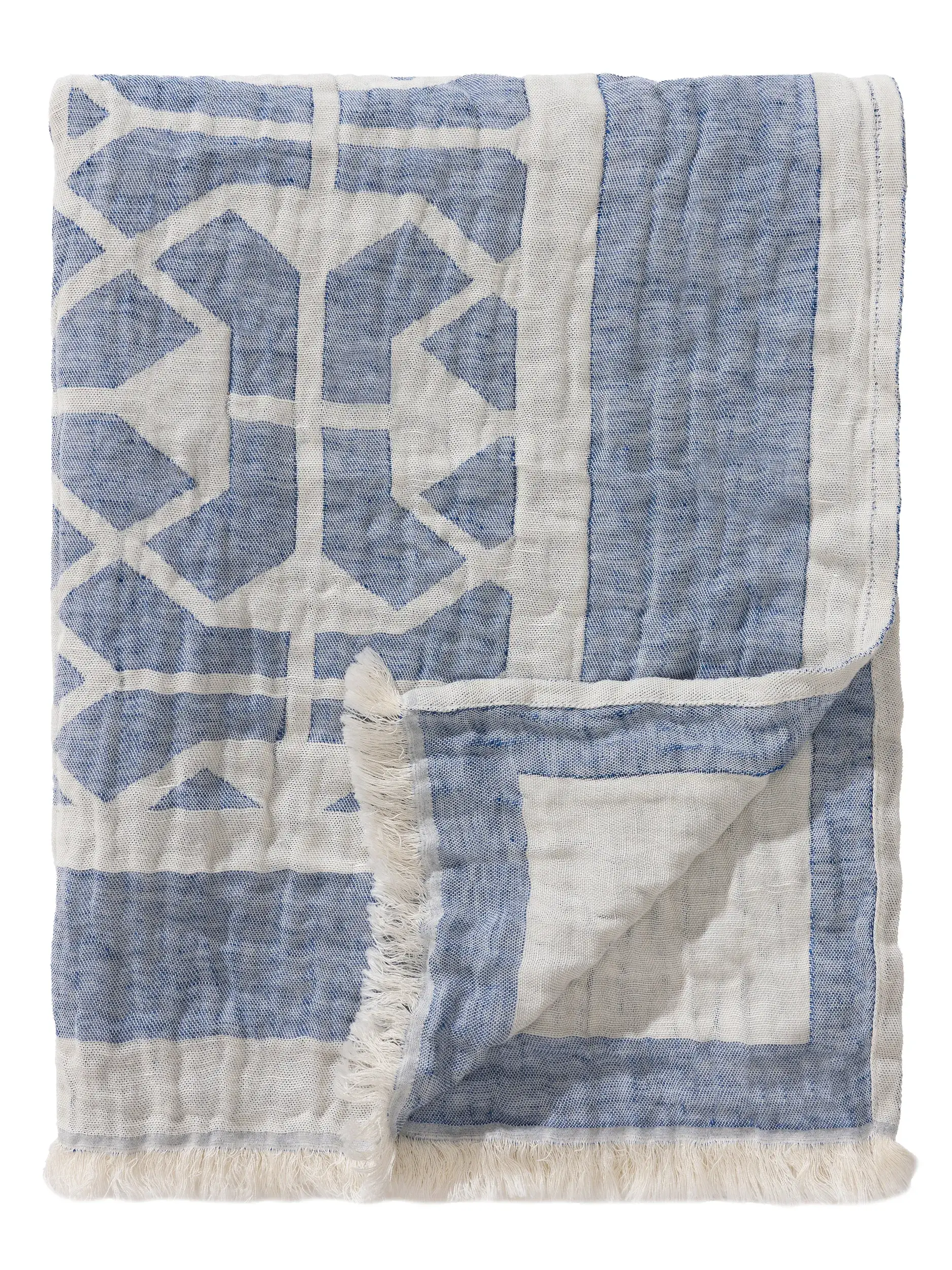Plaid in misto lino Sabine Azzuro in Geometrico-ontwerp van 60% Cotone, 40% Lino door benuta pure